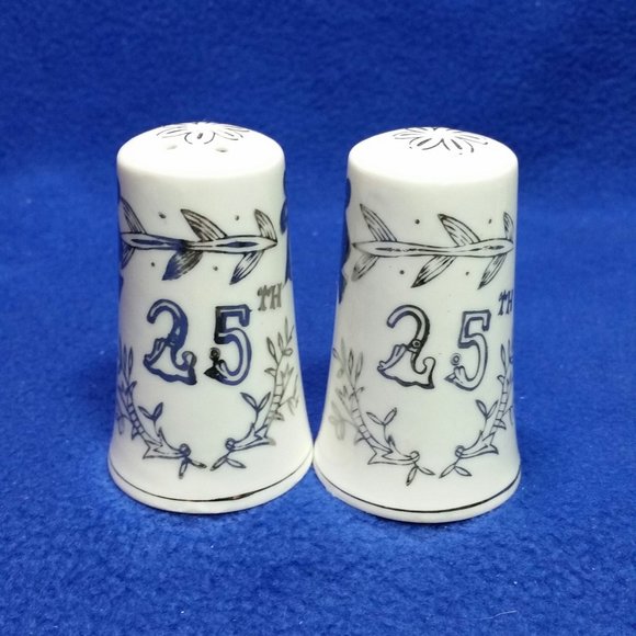 25th Silver Anniversary Salt & Pepper Shakers White & Silver Pre-Owned No Box - Picture 1 of 10